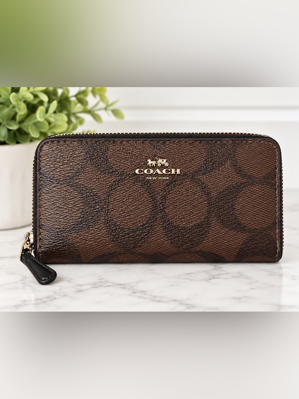 Coach signature monogram double zip around wallet w gold accents. Beauty! Euc